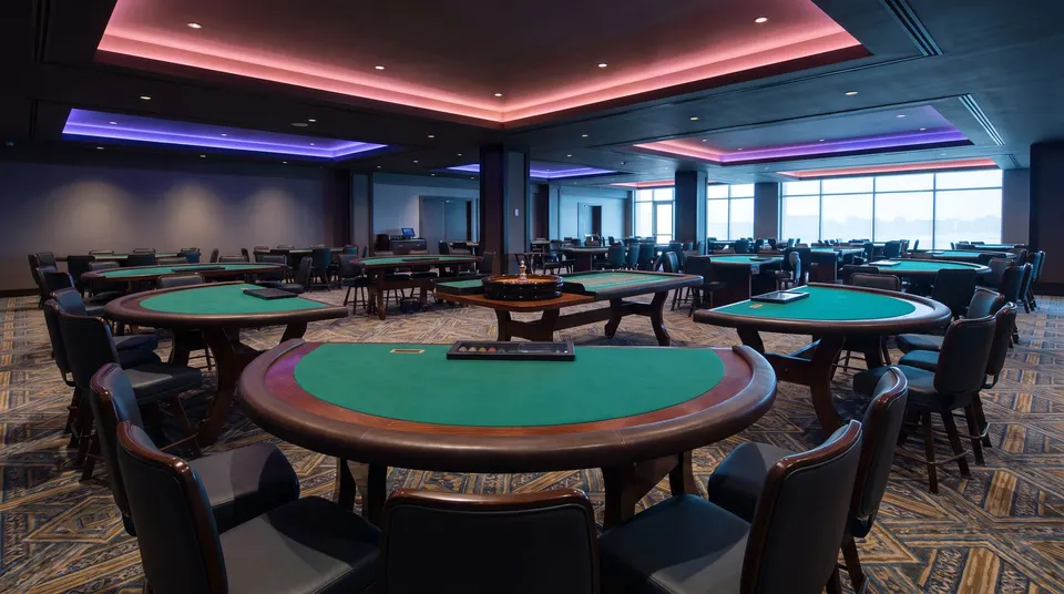 An empty live table games area with green-felt blackjack tables, a roulette table, dark padded chairs and rose and violet ceiling lights.