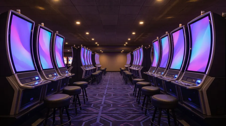 A row of modern slot machine cabinets with tall curved screens glowing in violet and cyan gradients, black stools in front, on an indigo patterned carpet.